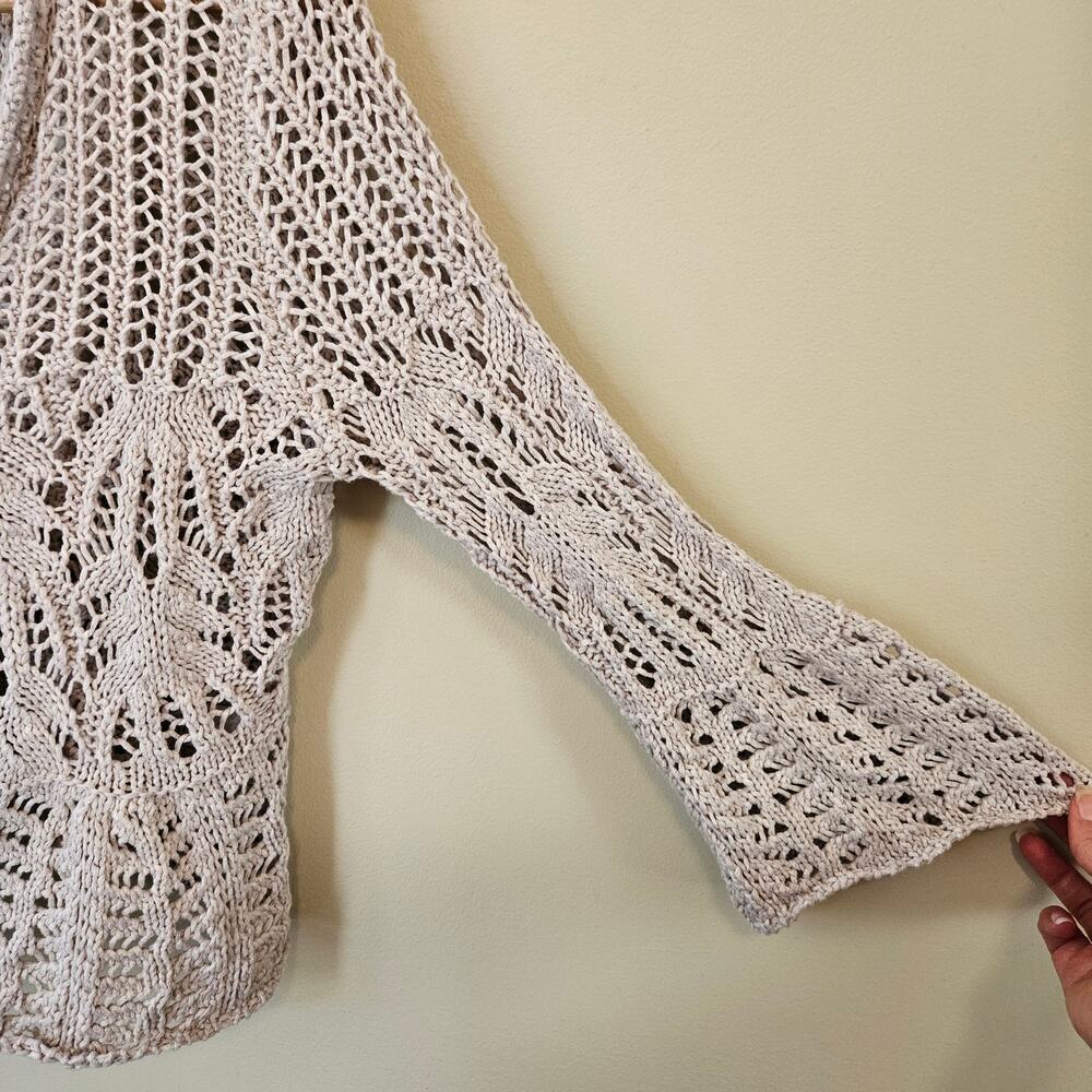 Vintage Women's Crochet Cardigan Small Bell Sleeve Cropped Beige Boho Hippie - Picture 2 of 7